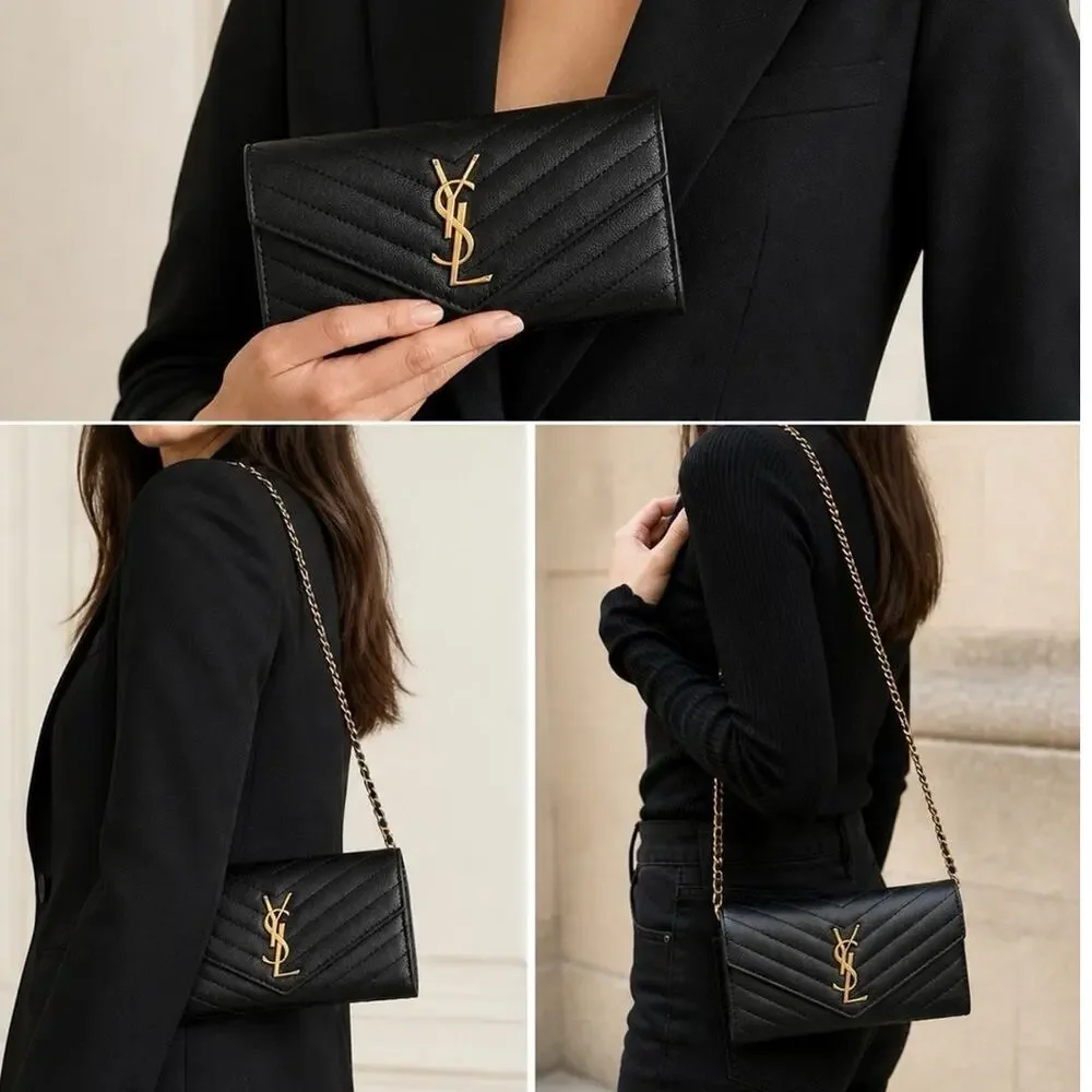 Saint Laurent Black Chevron Leather Wallet with Gold YSL Emblem Crossbody - Picture 11 of 11